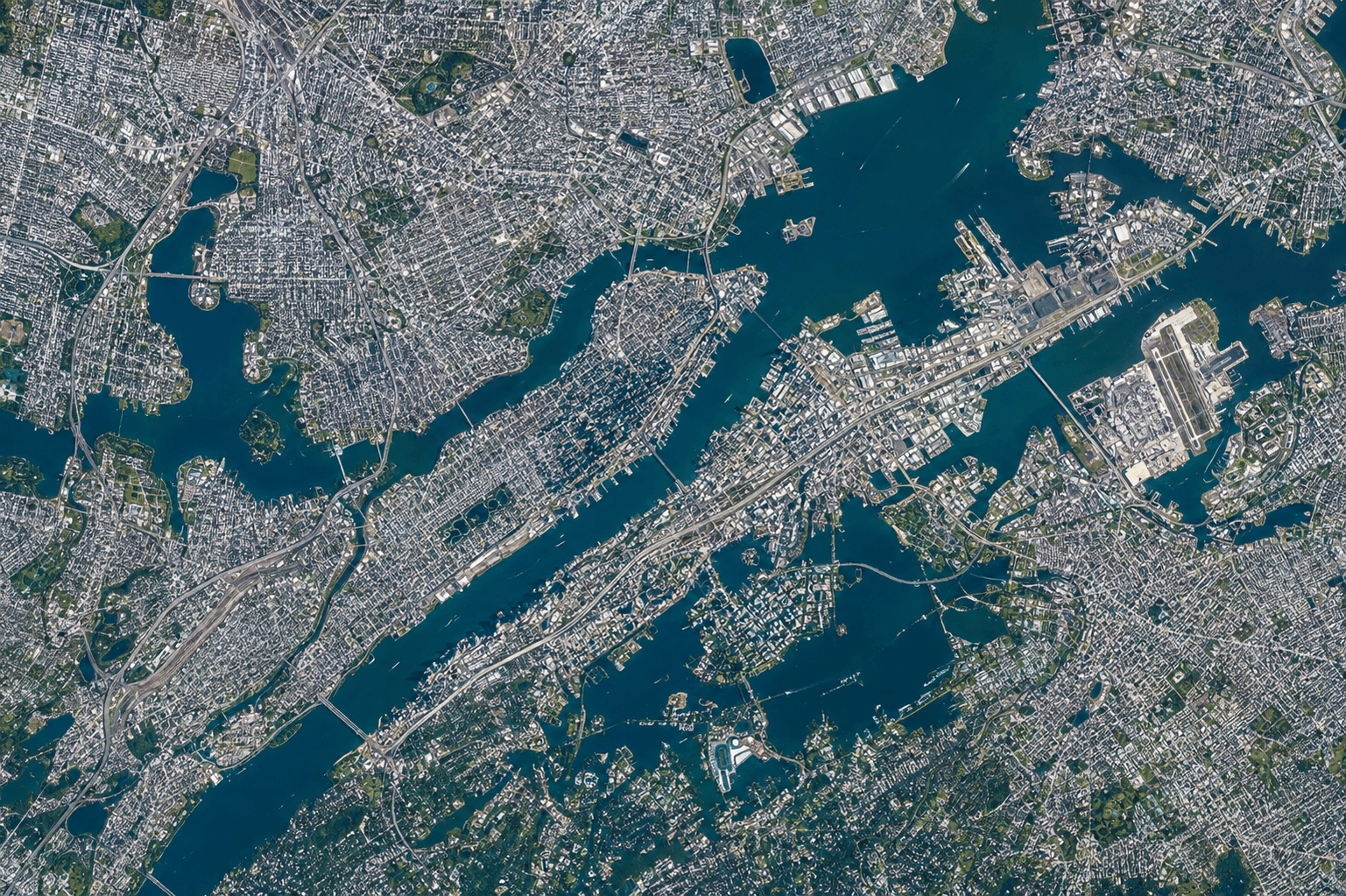 Daytime aerial city view with eight illustrative parking locations.