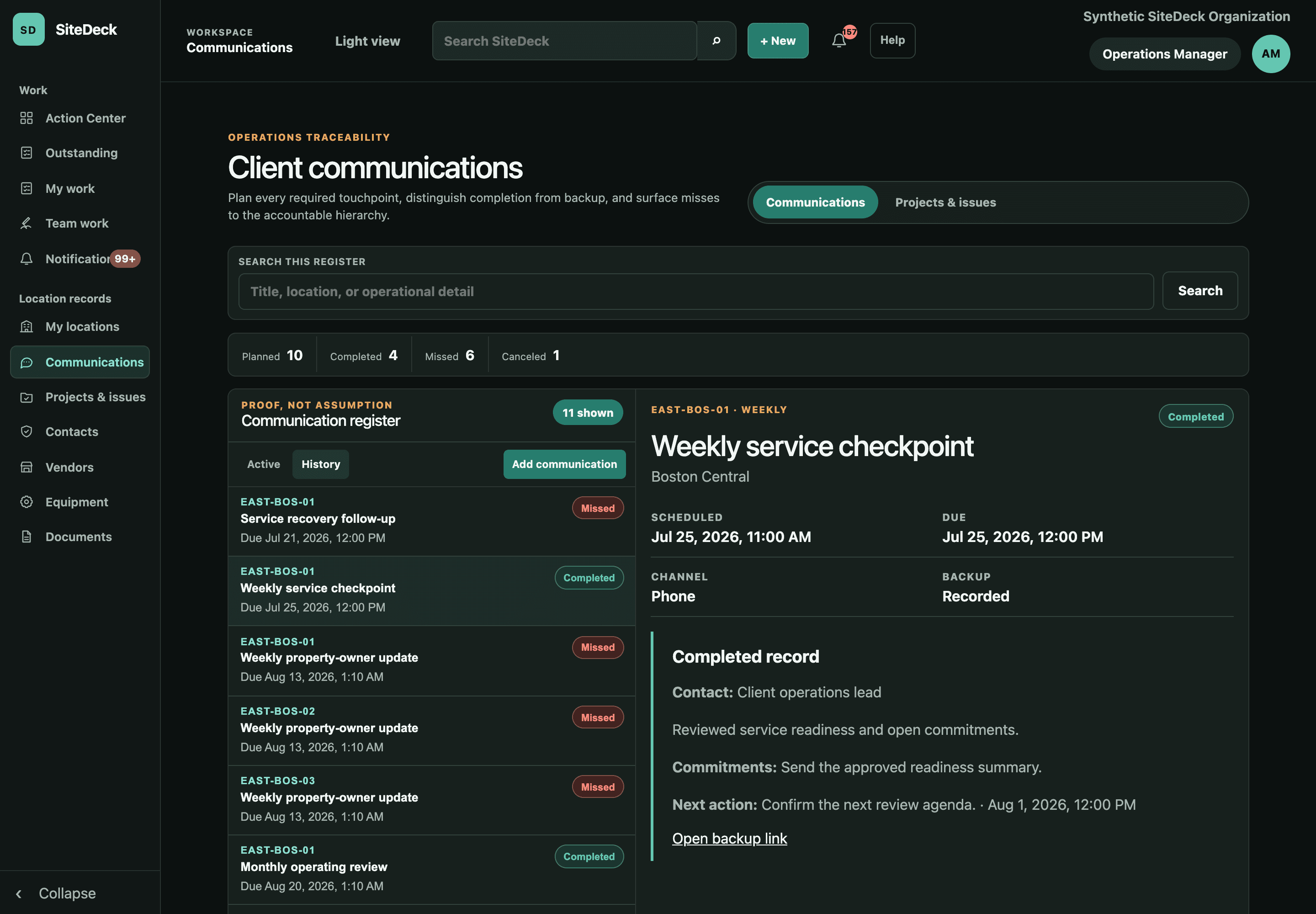 SiteDeck client communication workspace showing a synthetic client record, its owner, and follow-through.